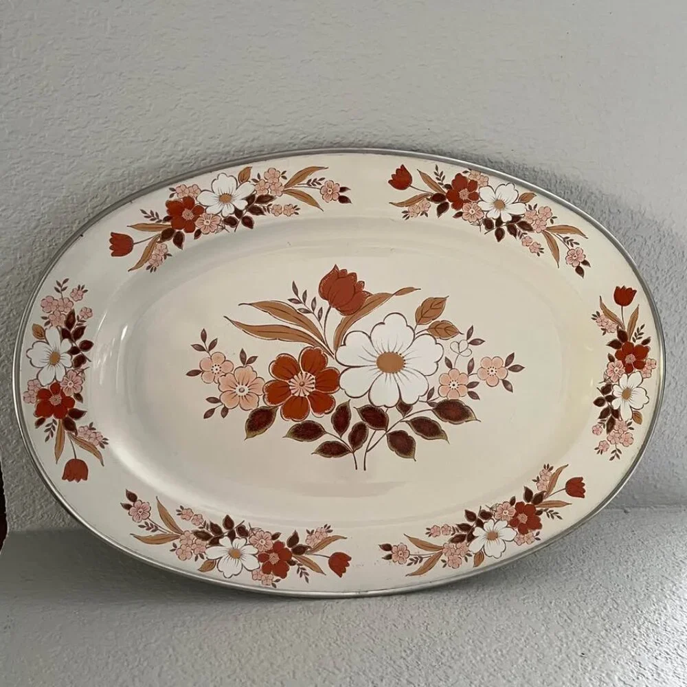 Vintage Enamelware Serving Tray Platter Floral Holiday Dining 17